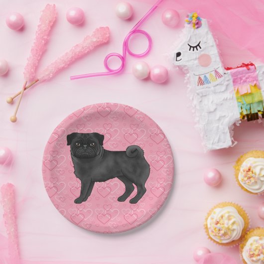 Zwart Pug Dog Cartoon Mops Love Hart Patroon Roze Papieren Bordje (Feest)