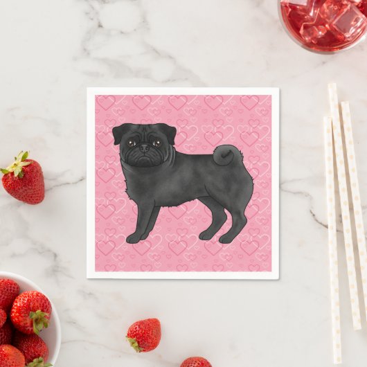 Zwart Pug Dog Cartoon Mops Love Hart Patroon Roze Servet (Insitu)