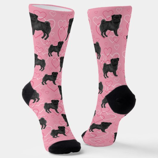 Zwart Pug Dog Cartoon Mops Love Hart Patroon Roze Sokken (Gebogen)