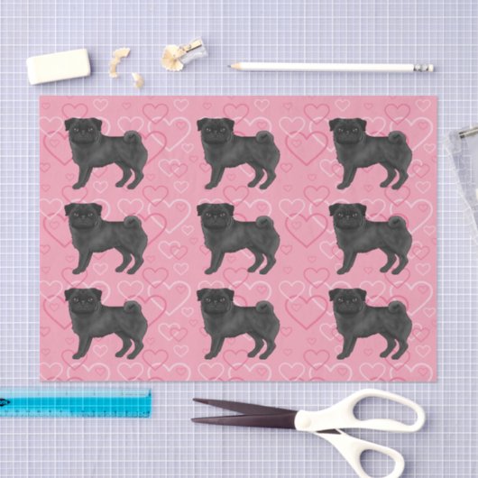 Zwart Pug Dog Cartoon Mops Love Hart Patroon Roze Tissuepapier (Craft)