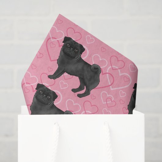 Zwart Pug Dog Cartoon Mops Love Hart Patroon Roze Tissuepapier (Cadeauzakje)