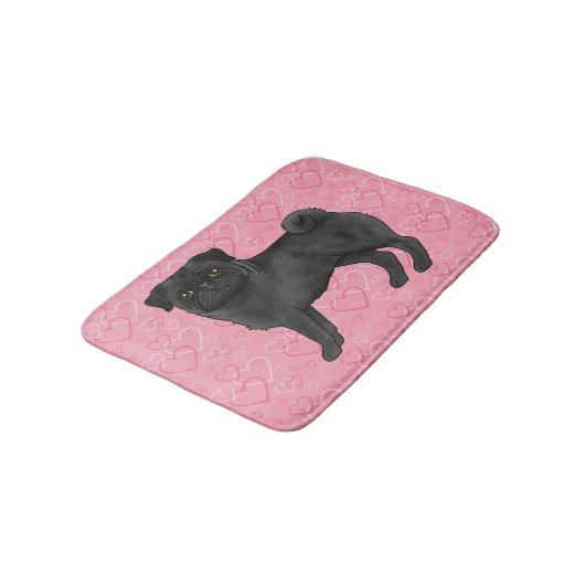 Zwart Pug Dog Cartoon Mops Roze Liefde Hart Patroo Badmat (Gekanteld)