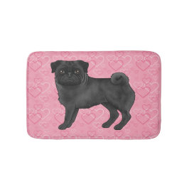 Zwart Pug Dog Cartoon Mops Roze Liefde Hart Patroo Badmat