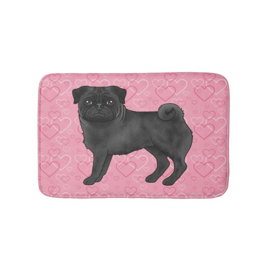 Zwart Pug Dog Cartoon Mops Roze Liefde Hart Patroo Badmat (Voorkant)