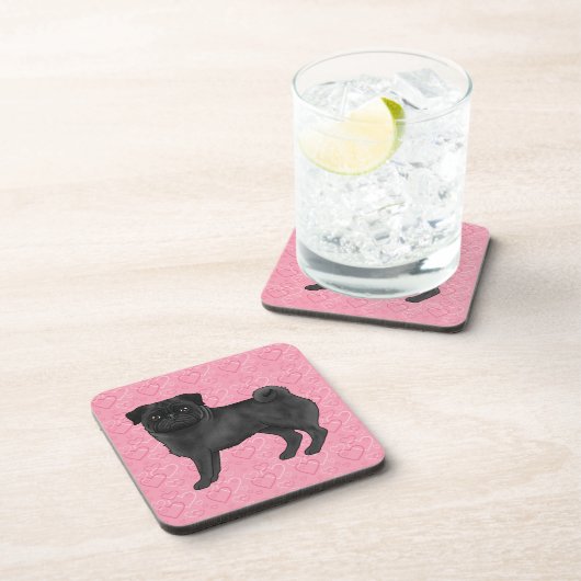 Zwart Pug Dog Cartoon Mops Roze Liefde Hart Patroo Bier Onderzetter (Rechterzijde)