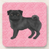 Zwart Pug Dog Cartoon Mops Roze Liefde Hart Patroo Bier Onderzetter (Voorkant)