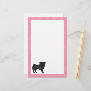 Zwart Pug Dog Cartoon Mops Roze Liefde Hart Patroo Briefpapier