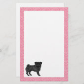 Zwart Pug Dog Cartoon Mops Roze Liefde Hart Patroo Briefpapier (Voorkant / Achterkant)