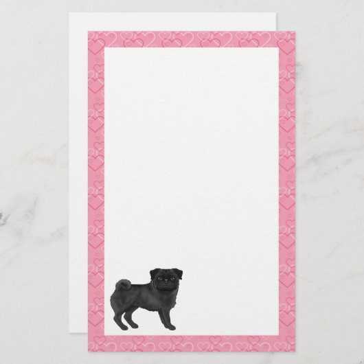 Zwart Pug Dog Cartoon Mops Roze Liefde Hart Patroo Briefpapier (Voorkant / Achterkant)