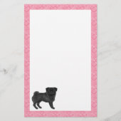 Zwart Pug Dog Cartoon Mops Roze Liefde Hart Patroo Briefpapier (Voorkant)
