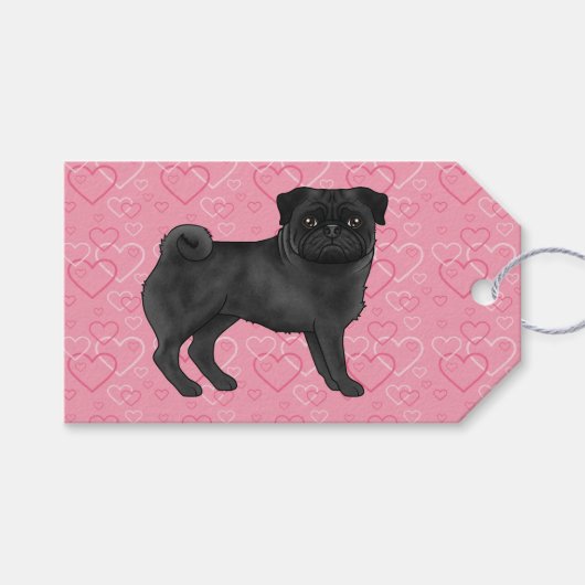 Zwart Pug Dog Cartoon Mops Roze Liefde Hart Patroo Cadeaulabel (Voorkant (Horizontaal))