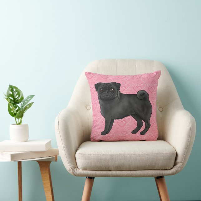 Zwart Pug Dog Cartoon Mops Roze Liefde Hart Patroo Kussen (Stoel)