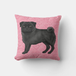 Zwart Pug Dog Cartoon Mops Roze Liefde Hart Patroo Kussen