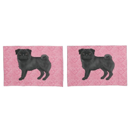 Zwart Pug Dog Cartoon Mops Roze Liefde Hart Patroo Kussensloop (Voorkant-Set)