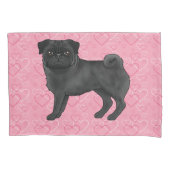 Zwart Pug Dog Cartoon Mops Roze Liefde Hart Patroo Kussensloop (Voorkant-Links)