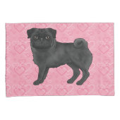 Zwart Pug Dog Cartoon Mops Roze Liefde Hart Patroo Kussensloop (Voorkant-Rechts)