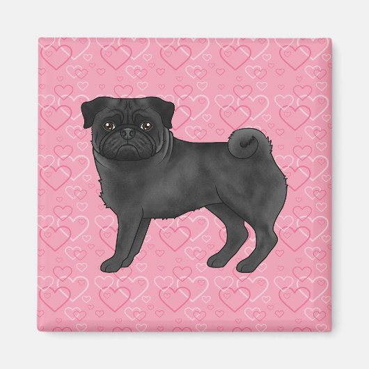 Zwart Pug Dog Cartoon Mops Roze Liefde Hart Patroo Magneet (Voorkant)