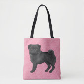 Zwart Pug Dog Cartoon Mops Roze Liefde Hart Patroo Tote Bag (Voorkant)
