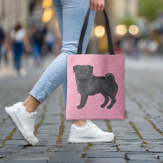Zwart Pug Dog Cartoon Mops Roze Liefde Hart Patroo Tote Bag