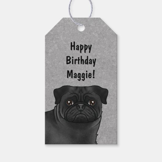 Zwart Pug Dog Head Close-up Happy Birthday Grey Cadeaulabel (Voorkant)