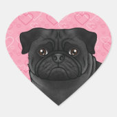 Zwart Pug Dog Head Close-up Op Roze Liefde Harten Hart Sticker (Voorkant)