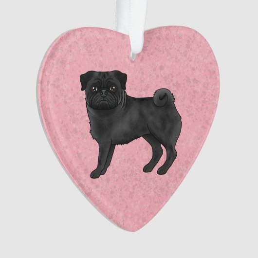 Zwart Pug Dog Illustratie met aangepaste tekst roz Ornament (voorkant)