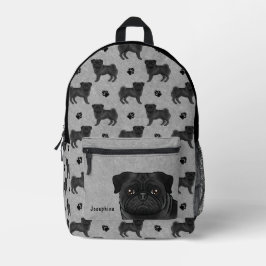 Zwart Pug Dog Mops Design Patroon met Naam Grijs Bedrukte Rugzak