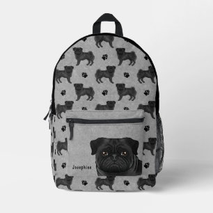 Zwart Pug Dog Mops Design Patroon met Naam Grijs Bedrukte Rugzak