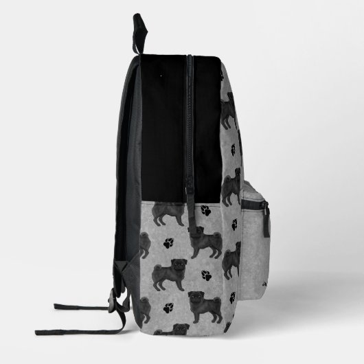 Zwart Pug Dog Mops Design Patroon met Naam Grijs Bedrukte Rugzak (Links)