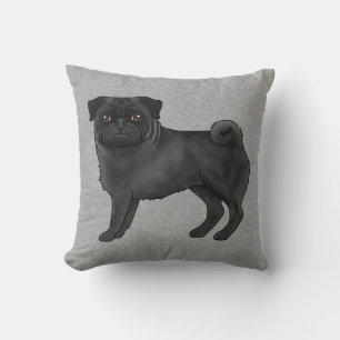Zwart Pug Dog Schattige Cartoon Illustratie Grijs Kussen