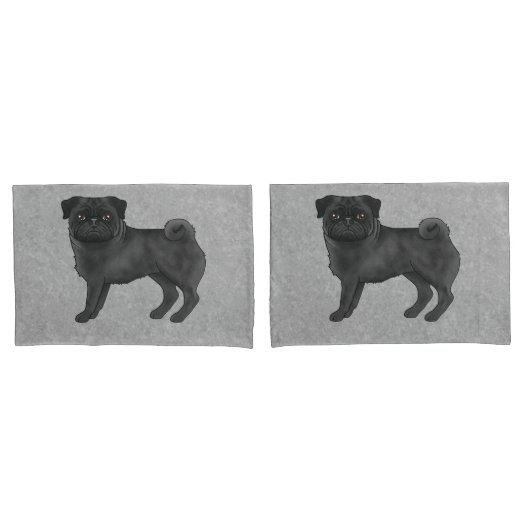 Zwart Pug Dog Schattige Cartoon Illustratie Grijs Kussensloop (Voorkant-Set)