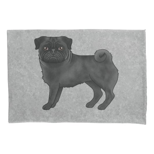 Zwart Pug Dog Schattige Cartoon Illustratie Grijs Kussensloop (Voorkant-Links)
