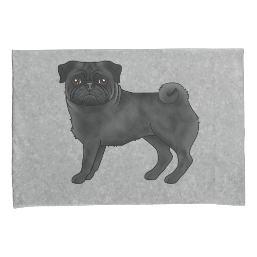 Zwart Pug Dog Schattige Cartoon Illustratie Grijs Kussensloop (Voorkant-Rechts)