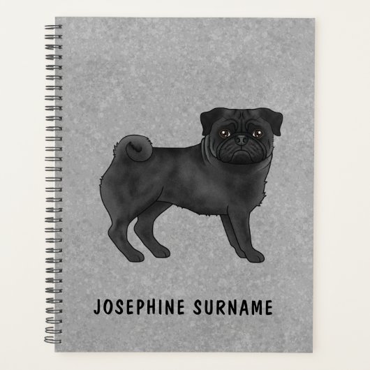 Zwart Pug Dog Schattige Cartoon Mops Illustratie G Planner (Voorkant)