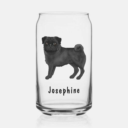 Zwart Pug Dog Schattige Cartoon Mops met aangepast Blikvorm Glas (Voorkant)