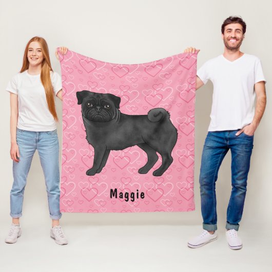 Zwart Pug Dog Schattige Mops en roze harten met na Fleece Deken (In situ)