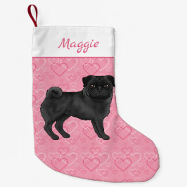 Zwart Pug Dog Schattige Mops en roze harten met na Kleine Kerstsok