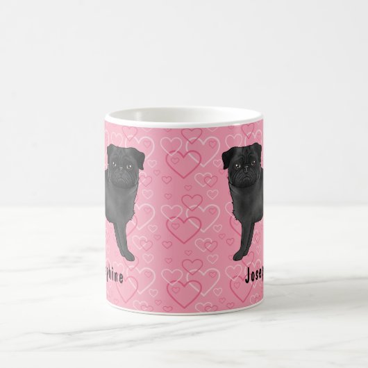 Zwart Pug Dog Schattige Mops en roze harten met na Koffiemok (Center)