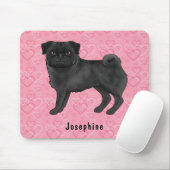 Zwart Pug Dog Schattige Mops en roze harten met na Muismat (Met muis)
