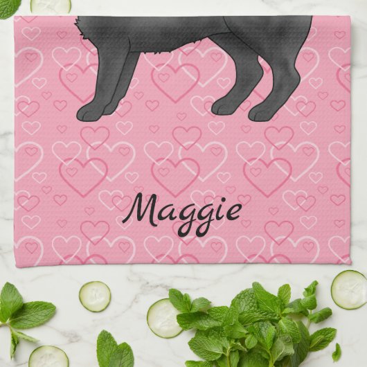 Zwart Pug Dog Schattige Mops en roze harten met na Theedoek (Gevouwen)