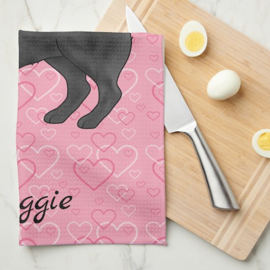 Zwart Pug Dog Schattige Mops en roze harten met na Theedoek (Quarter Fold)