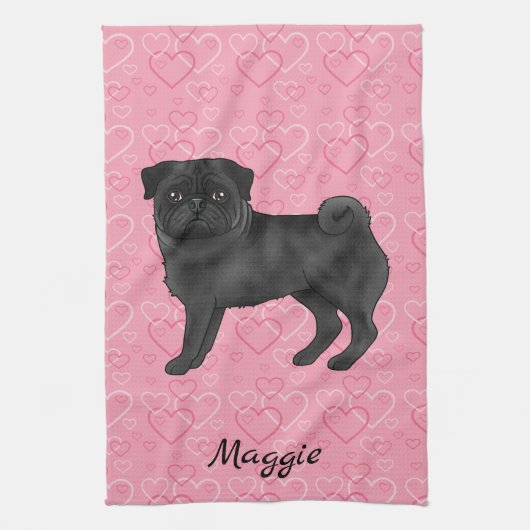 Zwart Pug Dog Schattige Mops en roze harten met na Theedoek (Verticaal)