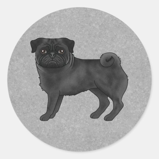 Zwart Pug Dog Staande Schattigee Cartoon Illustrat Ronde Sticker (Voorkant)