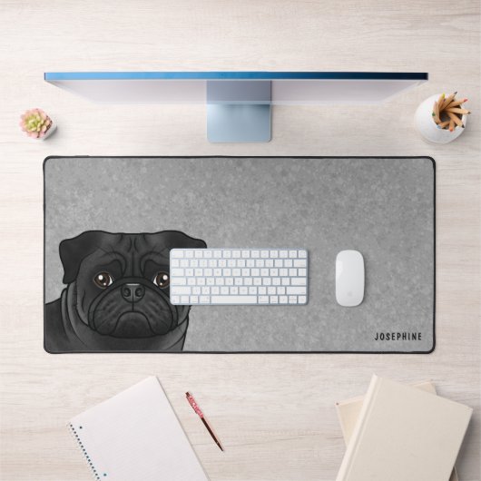 Zwart Pug Head Cartoon Dog met aangepaste naam Gri Bureaumat (Kantoor 1)