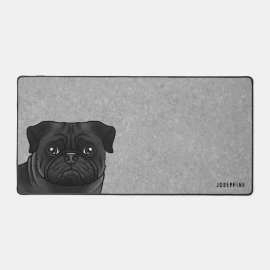 Zwart Pug Head Cartoon Dog met aangepaste naam Gri Bureaumat (Voorkant)