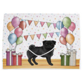 Zwart Pug Hond Kleurrijke Pastel Verjaardagsballon Groot Cadeauzakje (Voorkant)