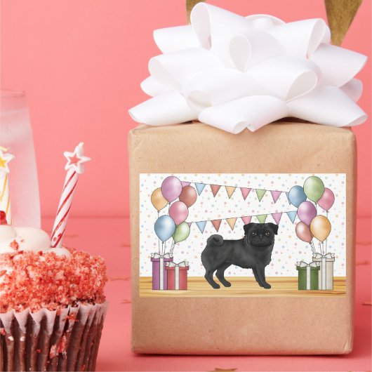 Zwart Pug Hond Kleurrijke Pastel Verjaardagsballon Rechthoekige Sticker (Feest)