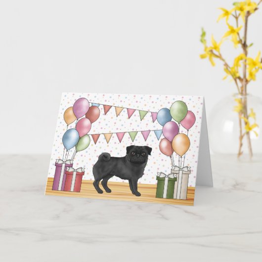 Zwart Pug Hond Kleurrijke Pastels Gelukkige Verjaa Kaart (Gele Bloem)