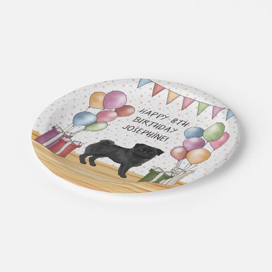 Zwart Pug Hond Kleurrijke Pastels Gelukkige Verjaa Papieren Bordje (Gekanteld)