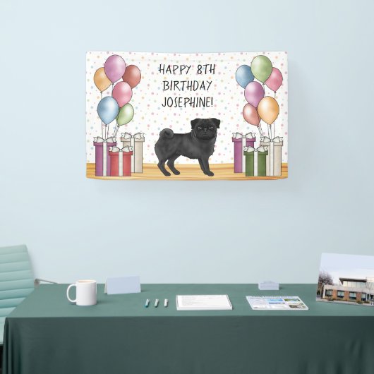 Zwart Pug Hond Kleurrijke Pastels Gelukkige Verjaa Spandoek (Beurs)